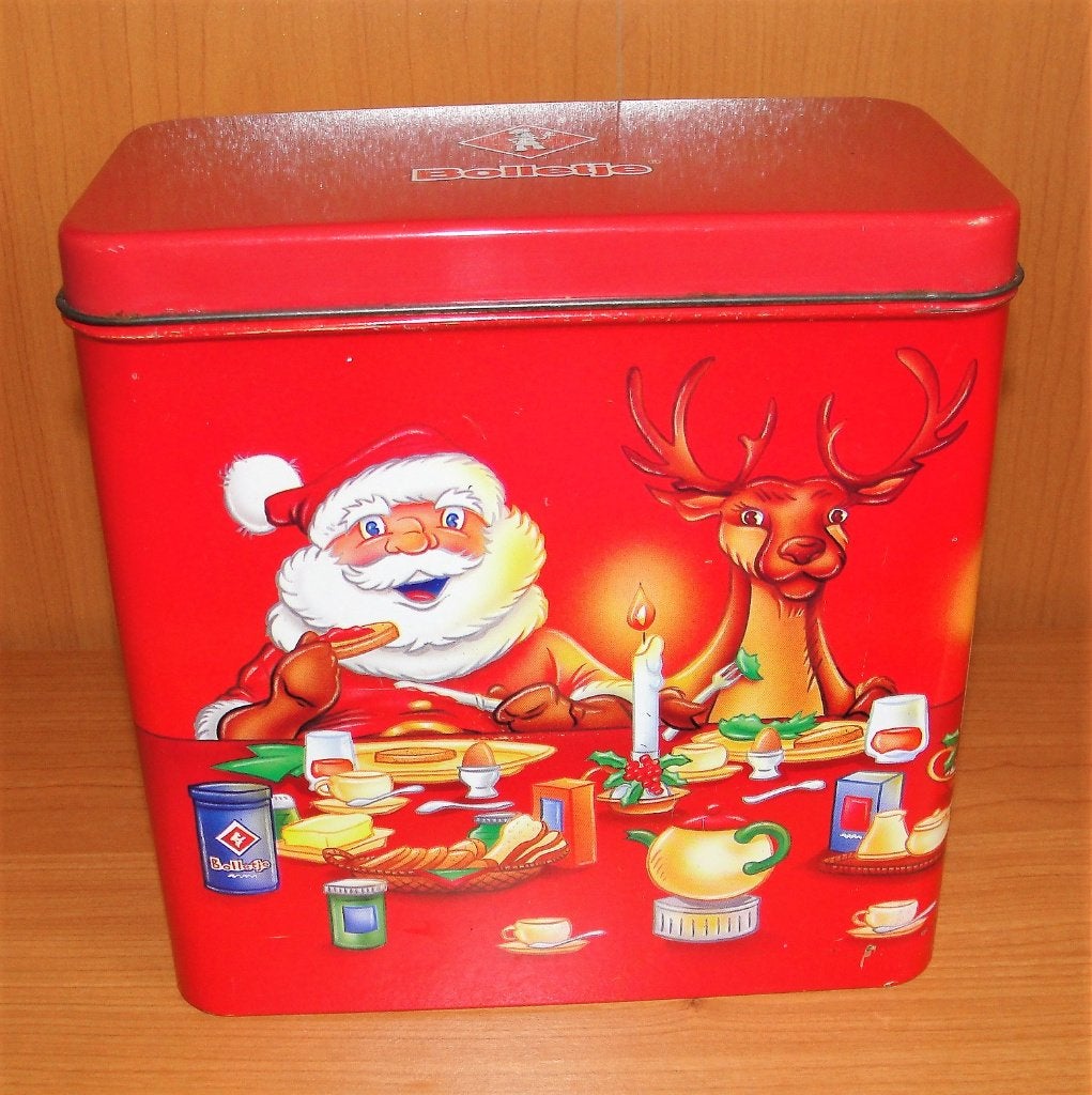 Bolletje fraai kerst blik met kerstman en rendier, Ophalen of Verzenden, Zo goed als nieuw