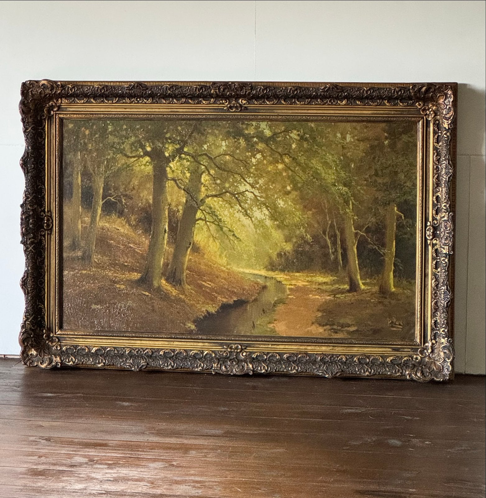 Schilderij- Boslandschap met beekje, Antiek en Kunst, Ophalen, Doek, Realistisch, Gesigneerd