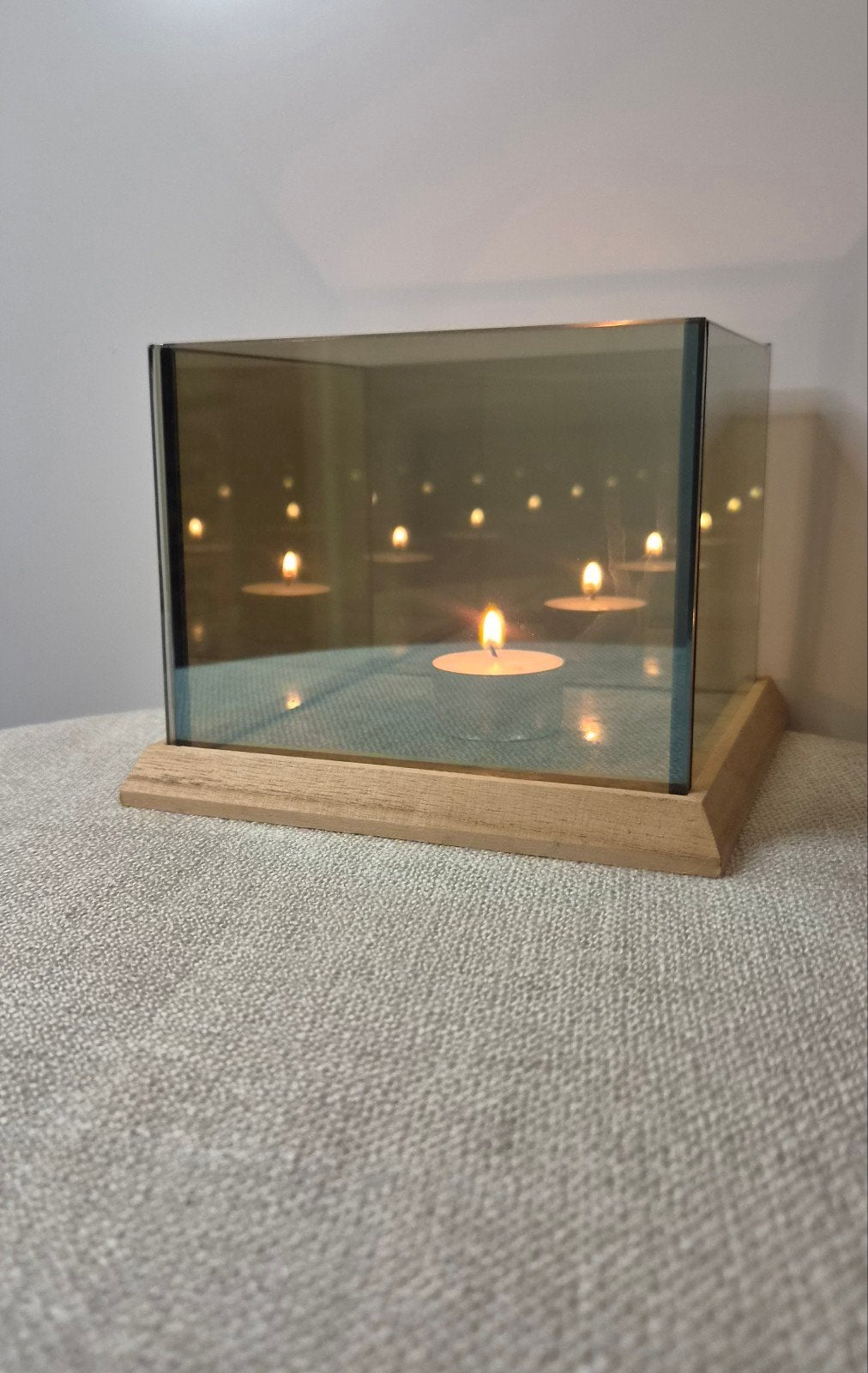 Unieke Infinity Spiegel Kandelaar - Hout en Glas, Bruin, Ophalen of Verzenden, Zo goed als nieuw, Kandelaar