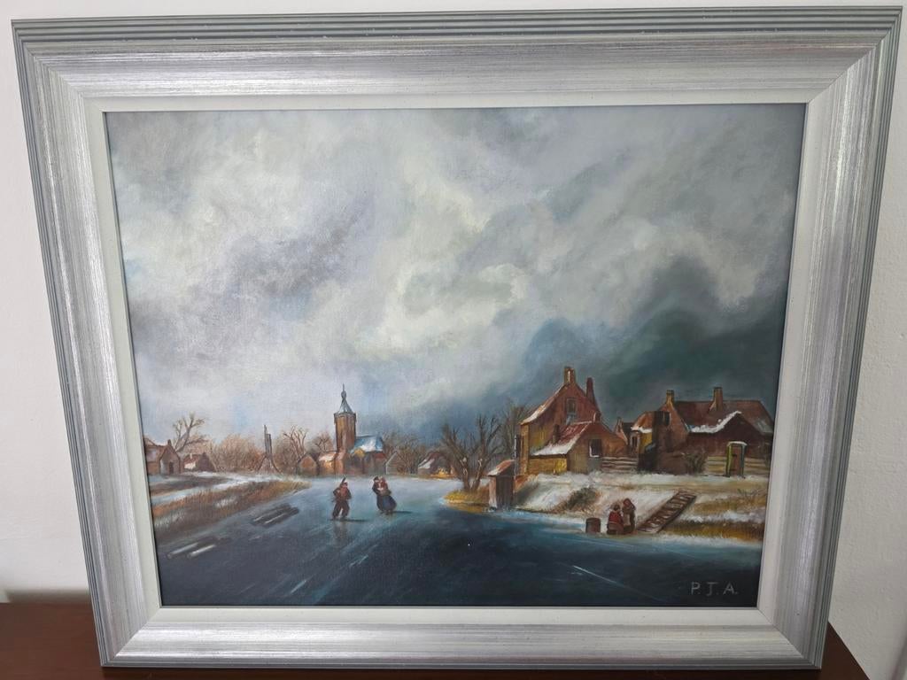 Schilderij: Wintertafereel met schaatsers en dorp, Ophalen