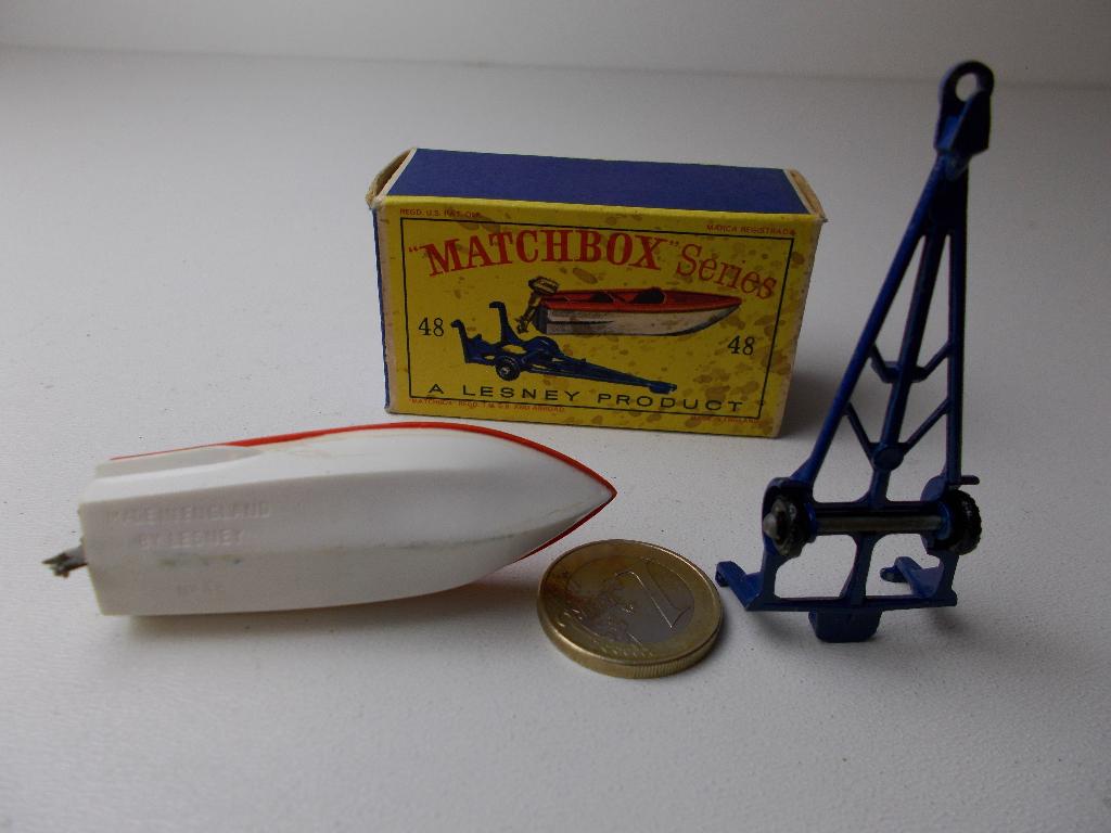 1961 Matchbox Series Lesney Nr. 48B TRAILER + BOAT + DOOSJE!, Hobby en Vrije tijd, Modelauto's | 1:50, Ophalen of Verzenden, Zo goed als nieuw