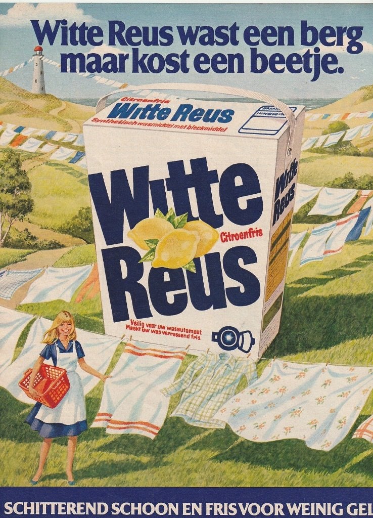 retro reclame 1979 Witte Reus wasmiddel draagkoffer schoon, Verzenden, Overige typen