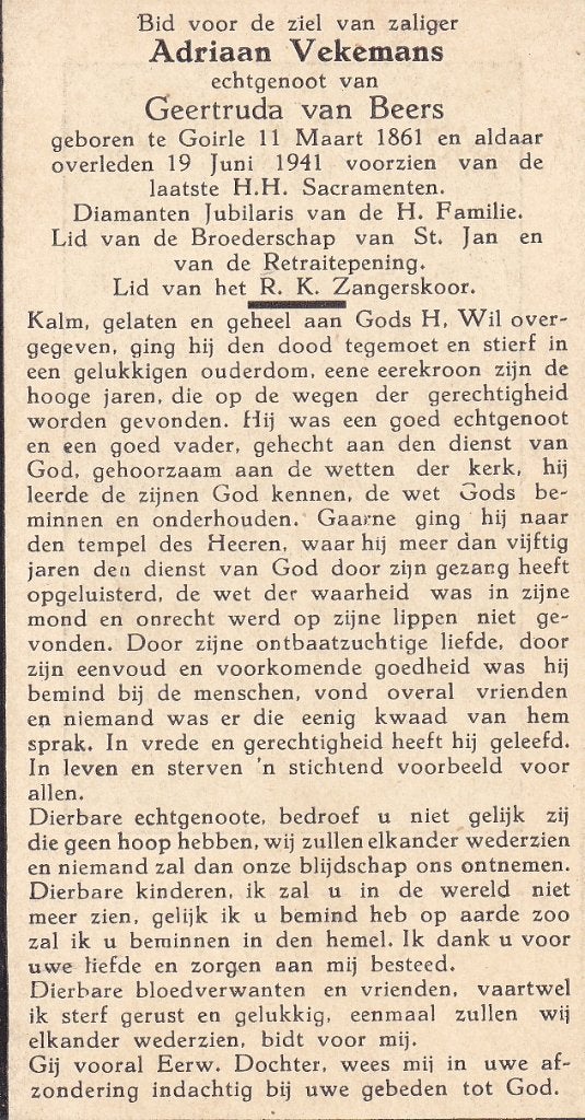 Vekeman Adriaan 1861 Goirle 1941, Ophalen of Verzenden, Bidprentje
