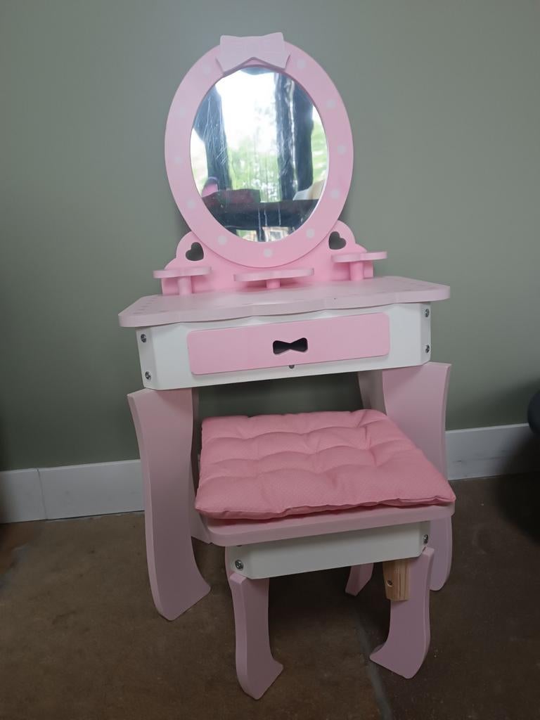 Roze make-up tafel met krukje voor kinderen, Ophalen of Verzenden, Gebruikt, Tafel(s) en Stoel(en)