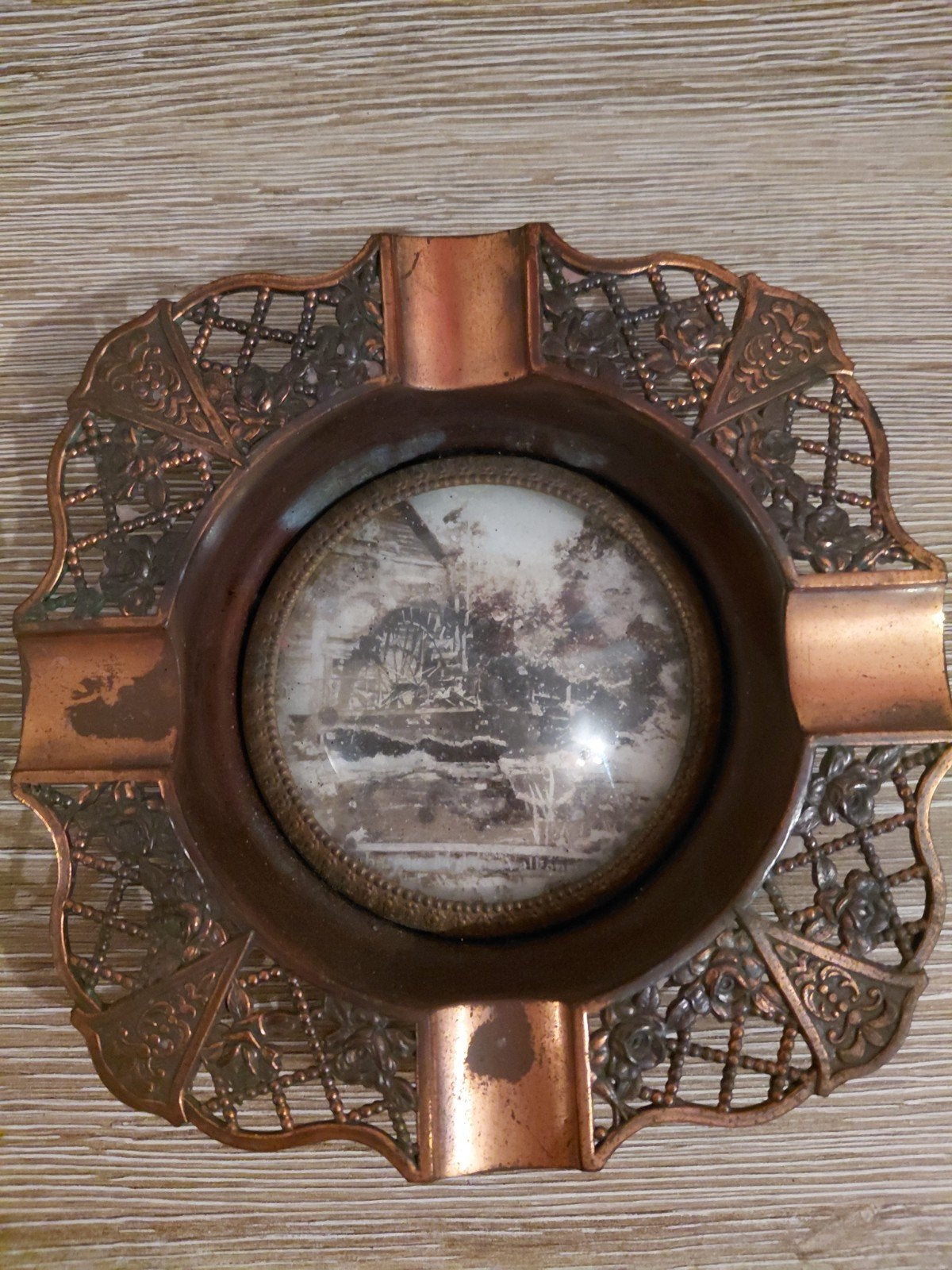 Antieke Koperen Asbak met Watermolen Afbeelding, Antiek en Kunst, Antiek | Koper en Brons, Ophalen of Verzenden, Koper