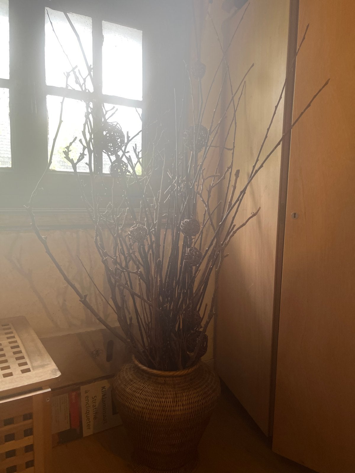 Decoratieve takken in rotan vaas - Herfst/Winter sfeer, Ophalen, Gebruikt, Bruin, Natuurlijk materiaal