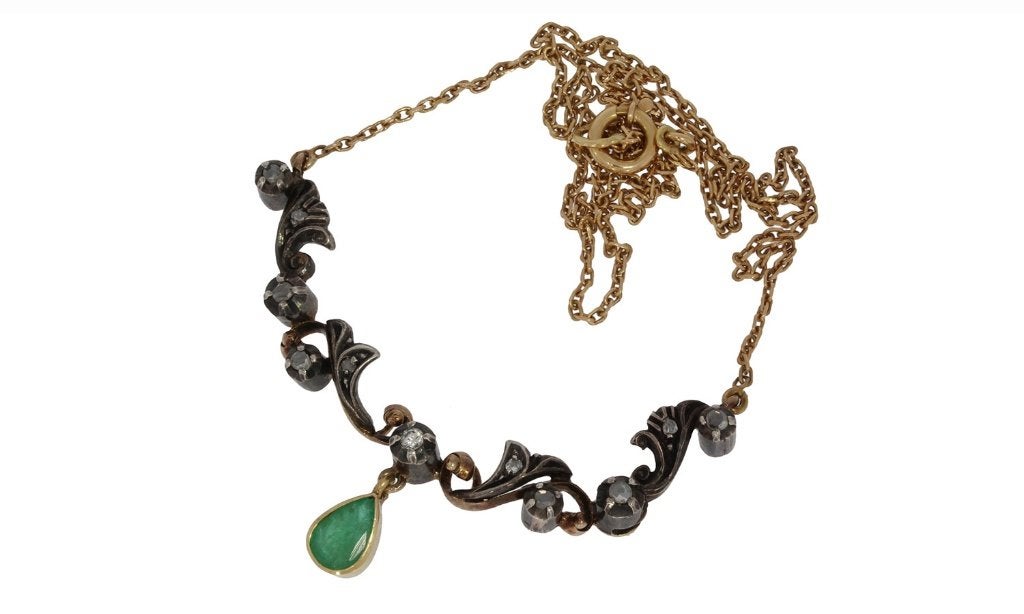 Smaragd diamanten antieke 14k gouden ketting en hanger dames, Verzenden, Goud, Ketting, Met edelsteen