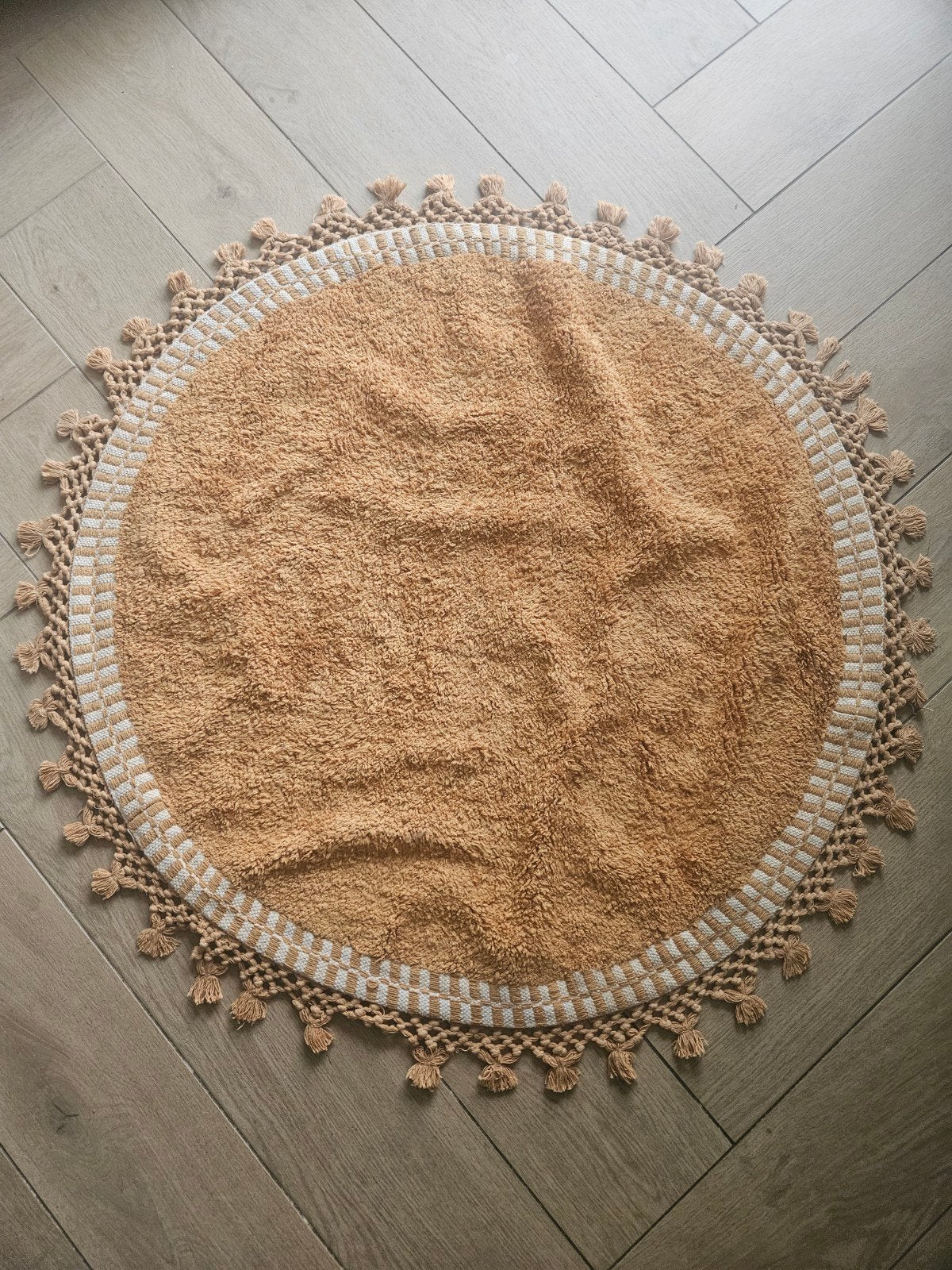 Rond gehaakt vloerkleed - Okergeel met franjes, Gebruikt, 50 tot 100 cm, Beige, Rond