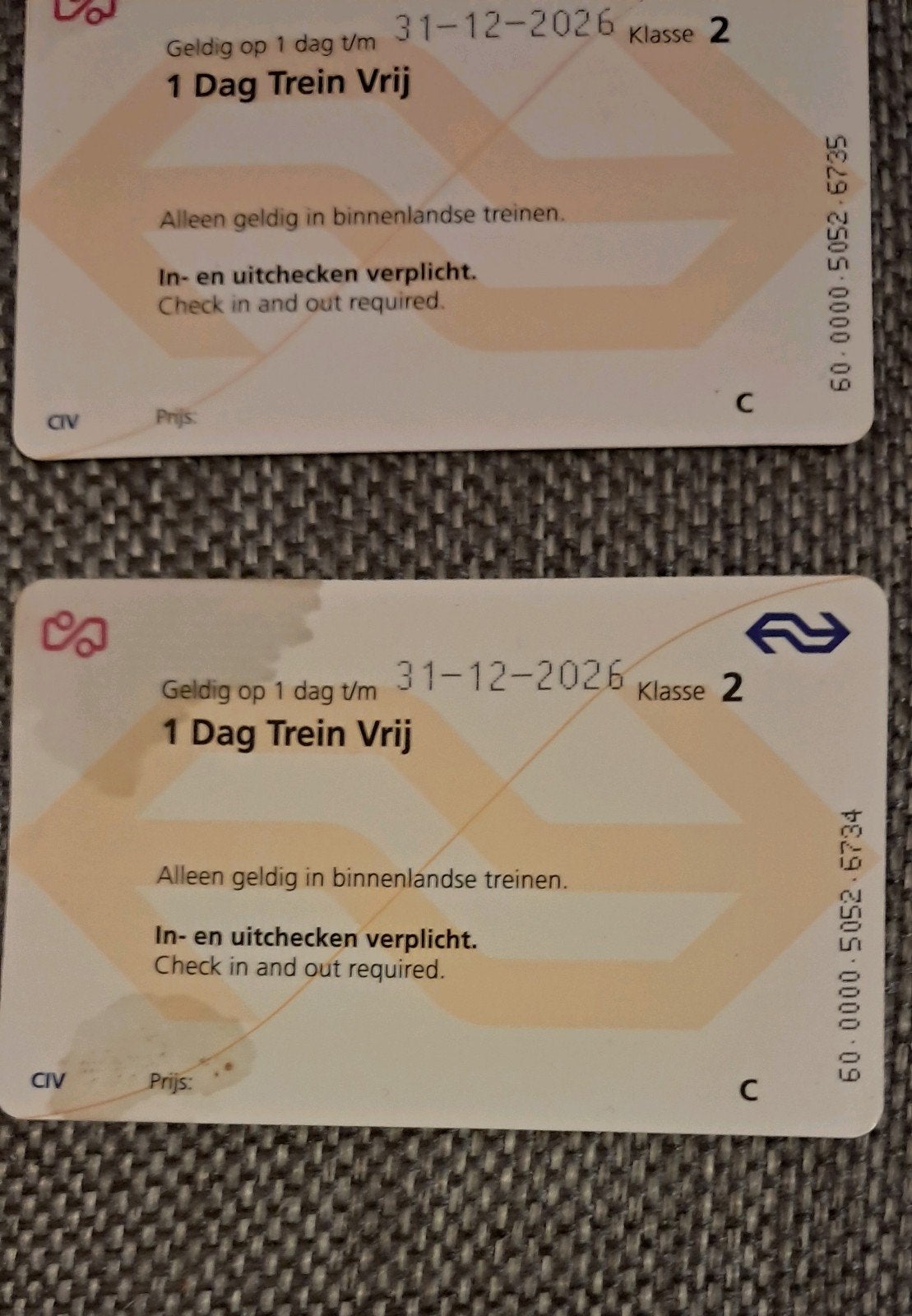 2 Nieuwe Dagkaarten van de Ned. Sp. en geldig t/m 31-12-2026, Tickets en Kaartjes, Twee personen, Trein, Nederland, Algemeen kaartje