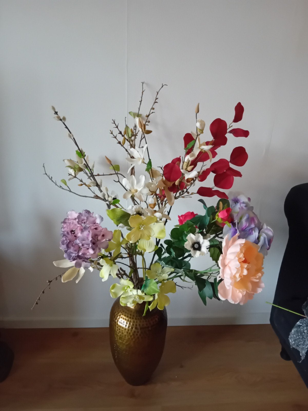 Prachtig kunstbloemstuk met vaas - diverse kleuren, Ophalen of Verzenden, Zo goed als nieuw