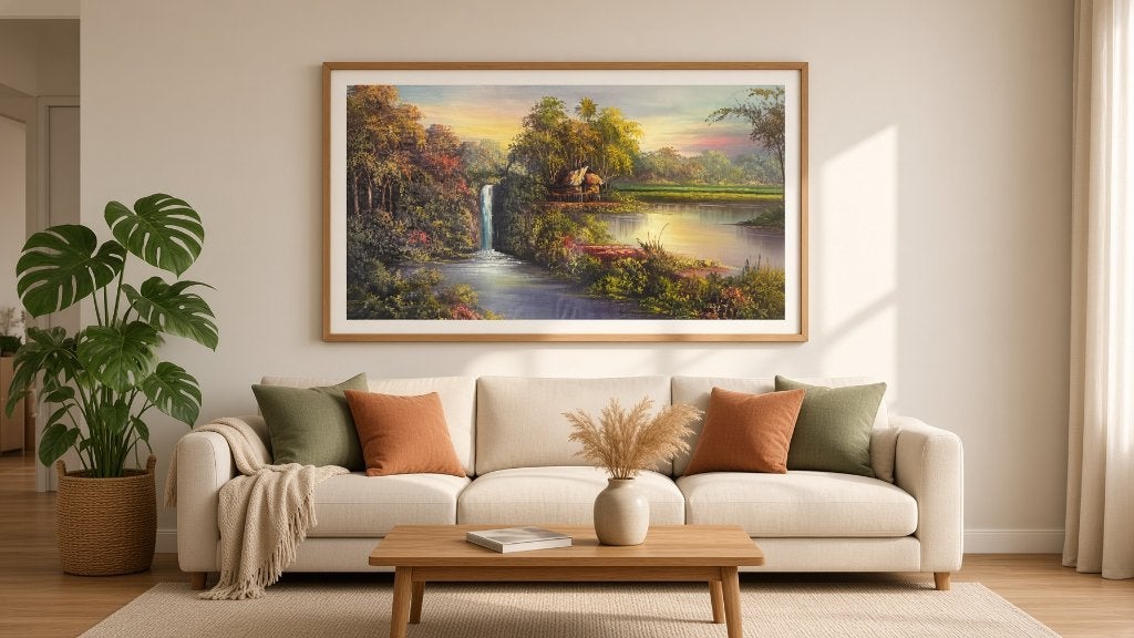Schilderij: Tropisch Landschap met Waterval en Hut, Verzenden, Vintage, Origineel werk, Landschap