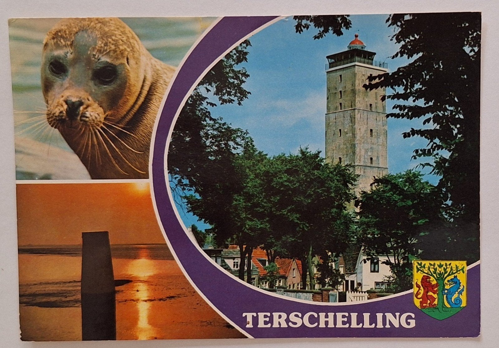Ansichtkaart Terschelling met vuurtoren en zeehond, Ophalen of Verzenden, 1960 tot 1980, Gelopen, Waddeneilanden