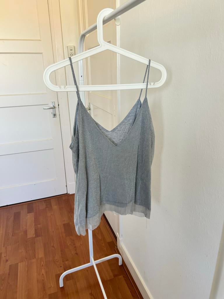 Glitter top met diepe V-hals en open rug, Kleding | Dames, Tops, Maat 38/40 (M), Ophalen of Verzenden, Zonder mouw, Grijs