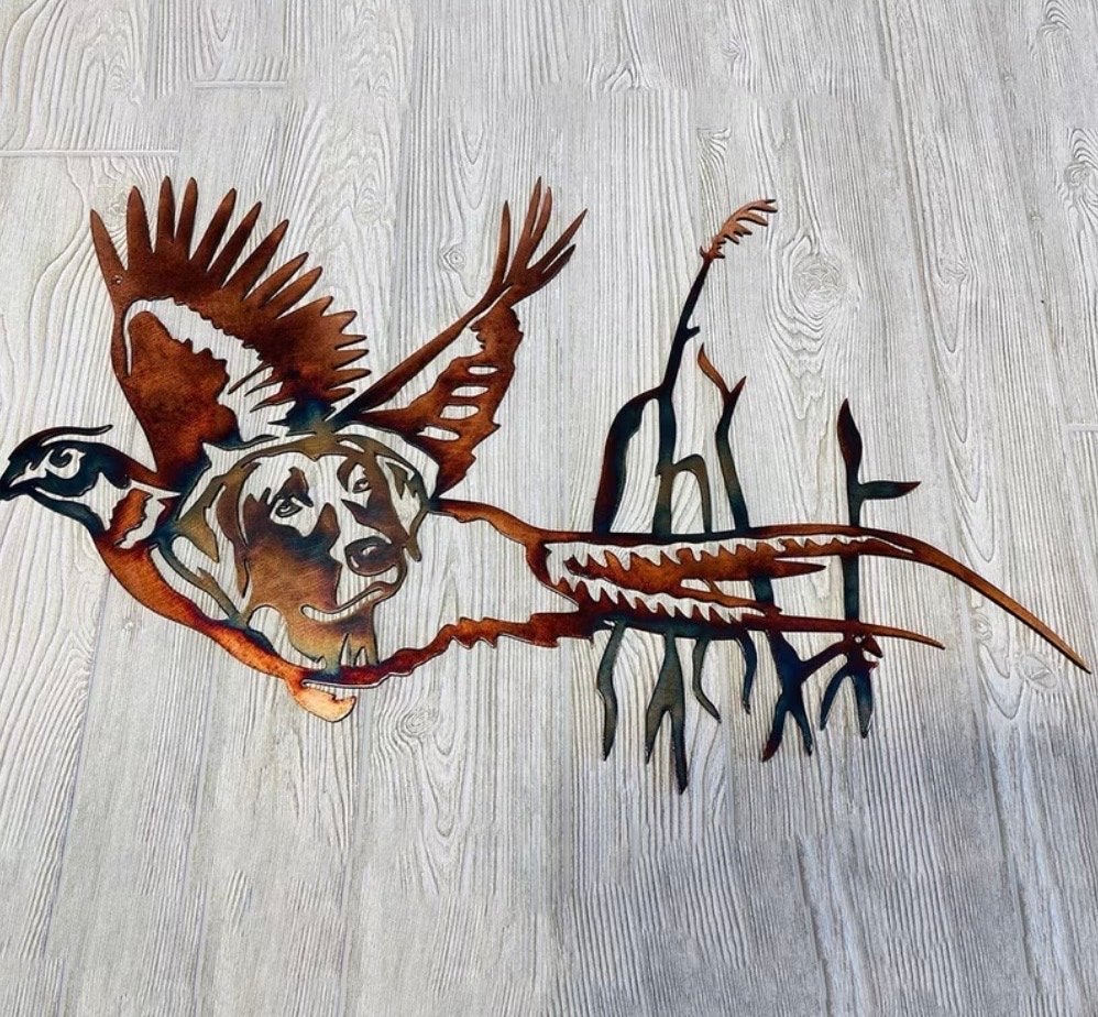 Metalen wanddecoratie: Hond en fazant, Wanddecoratie, Bruin, Modern, 50 - 100 cm