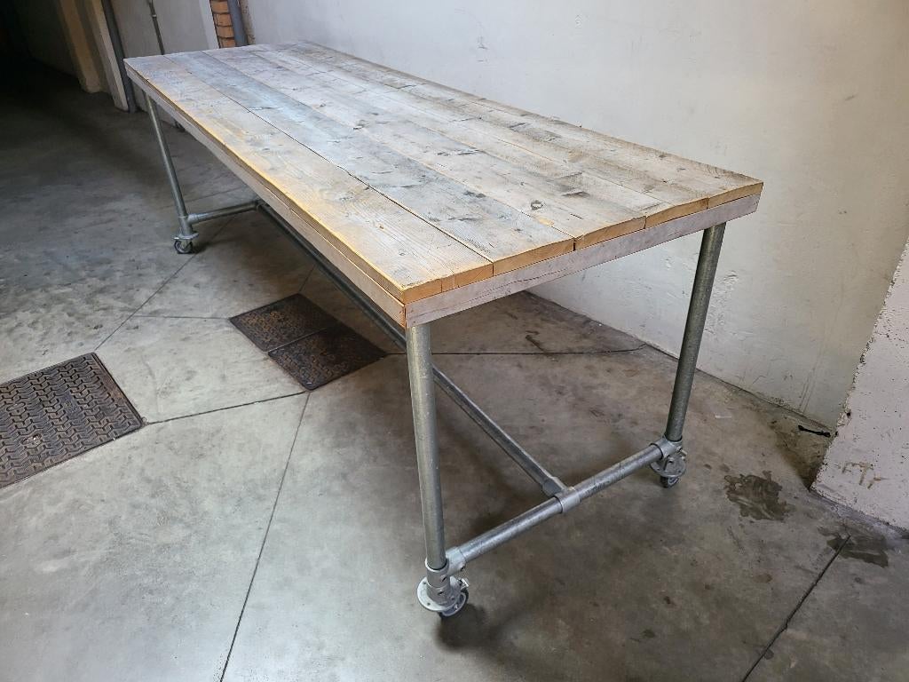 Industriele Bar-Eettafel,Tuin-Ateliertafel 300x97 H105, Teakhout, 200 cm of meer, Zo goed als nieuw, Vijf personen of meer