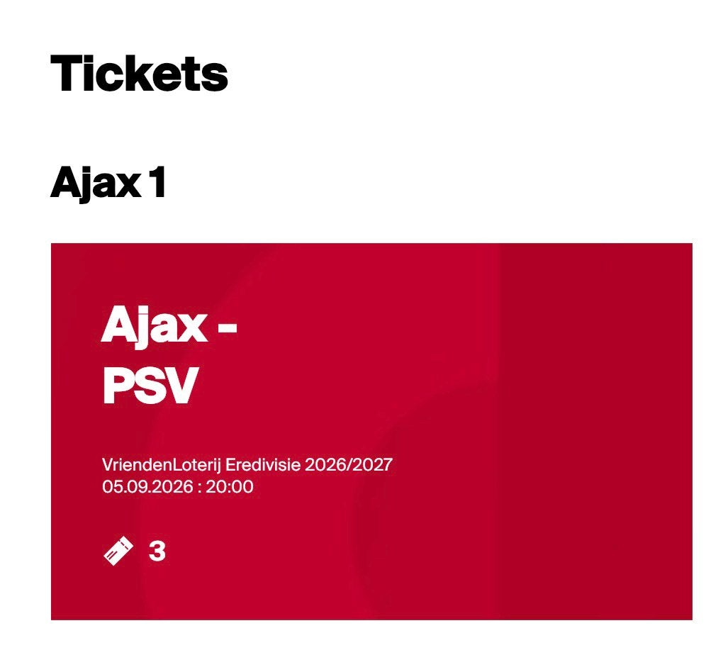 Drie kaarten Ajax - PSV (Noord B) beschikbaar, Tickets en Kaartjes, Drie personen of meer, Februari
