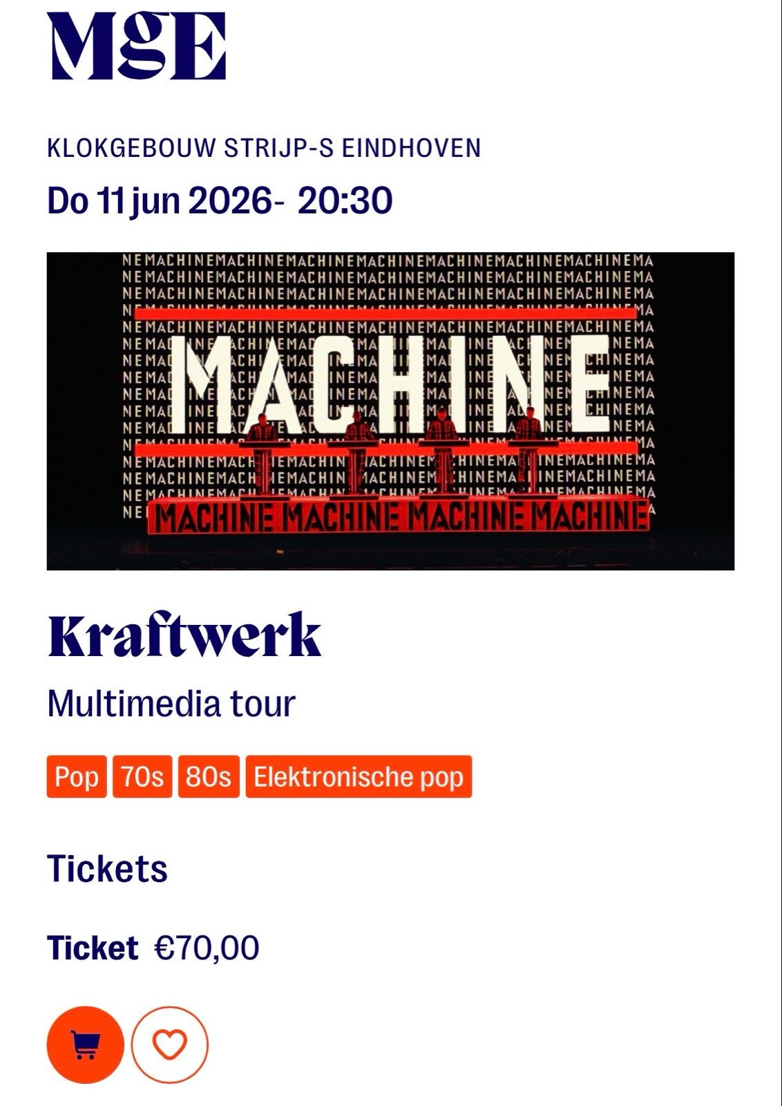 2 x Concert Kraftwerk Multimedia Tour - Eindhoven 11 juni, Eén persoon, Juni