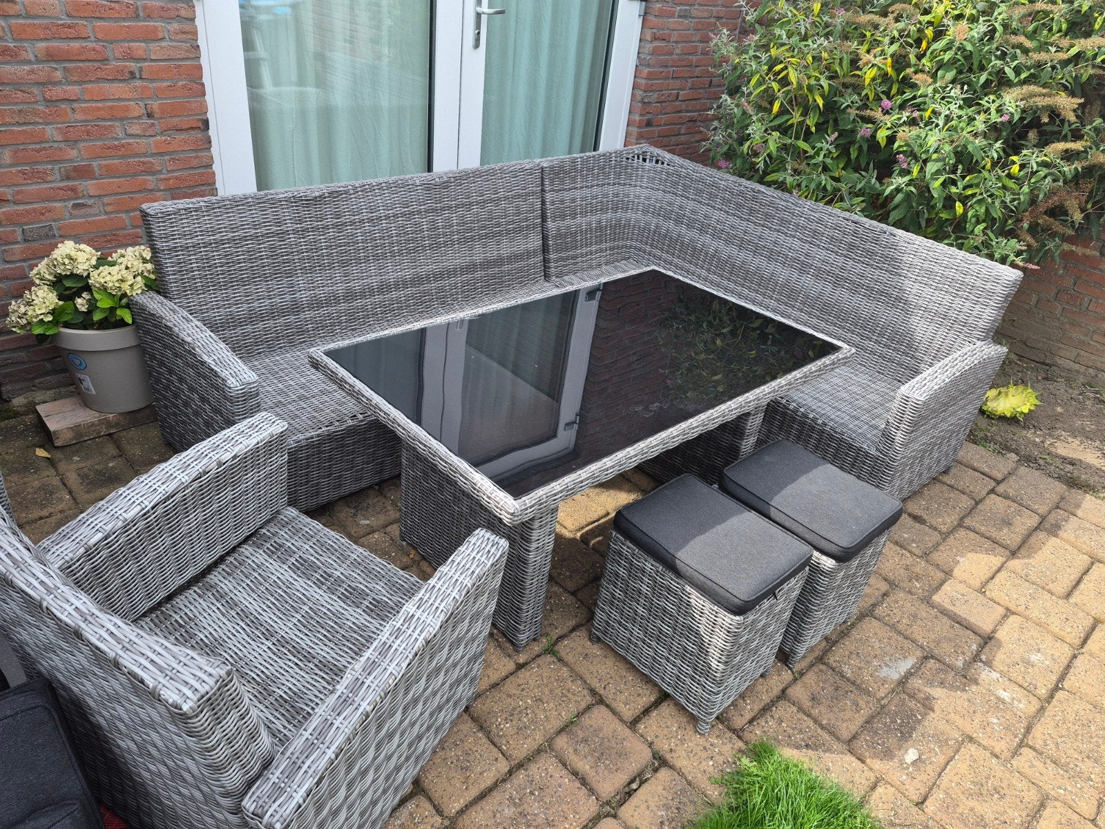 Lounge-/tuinset met eettafel en kussens, Tuin en Terras, Tuinsets en Loungesets, Ophalen, Gebruikt, Bank, Loungeset