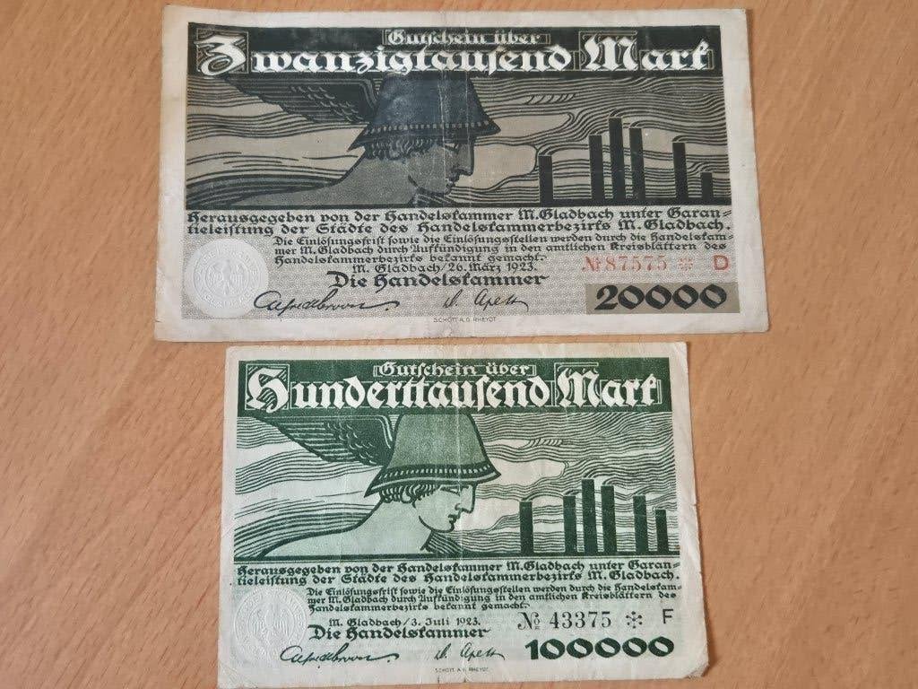 2x Notgeld "Mönchengladbach Handelskammer" 1923 20 & 100 K, Postzegels en Munten, Ophalen of Verzenden, Duitsland, Setje