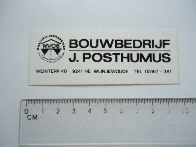 sticker oud Wijnjewoude J POSTHUMUS bouw retro fries frys, Verzenden, Zo goed als nieuw, Bedrijf of Vereniging