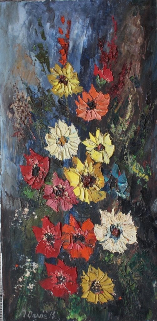 "Daniels" fraai bloemstilleven, olie/doek., Antiek en Kunst, Bloemen, Doek, Ophalen of Verzenden, Olieverf