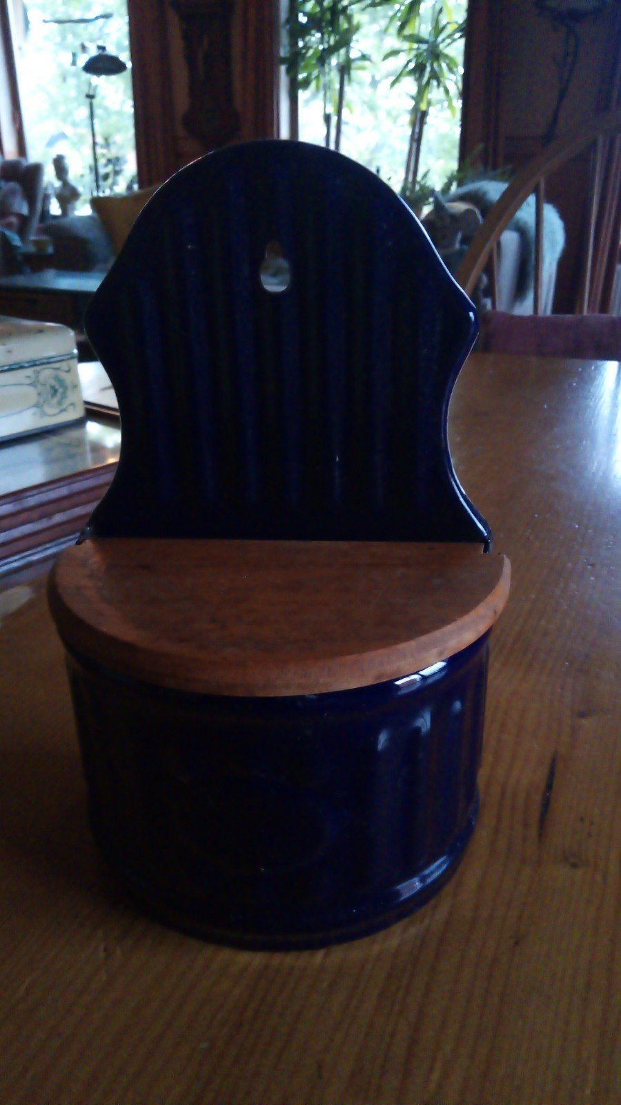 Vintage blauw emaille zoutpot met houten deksel, Ophalen of Verzenden