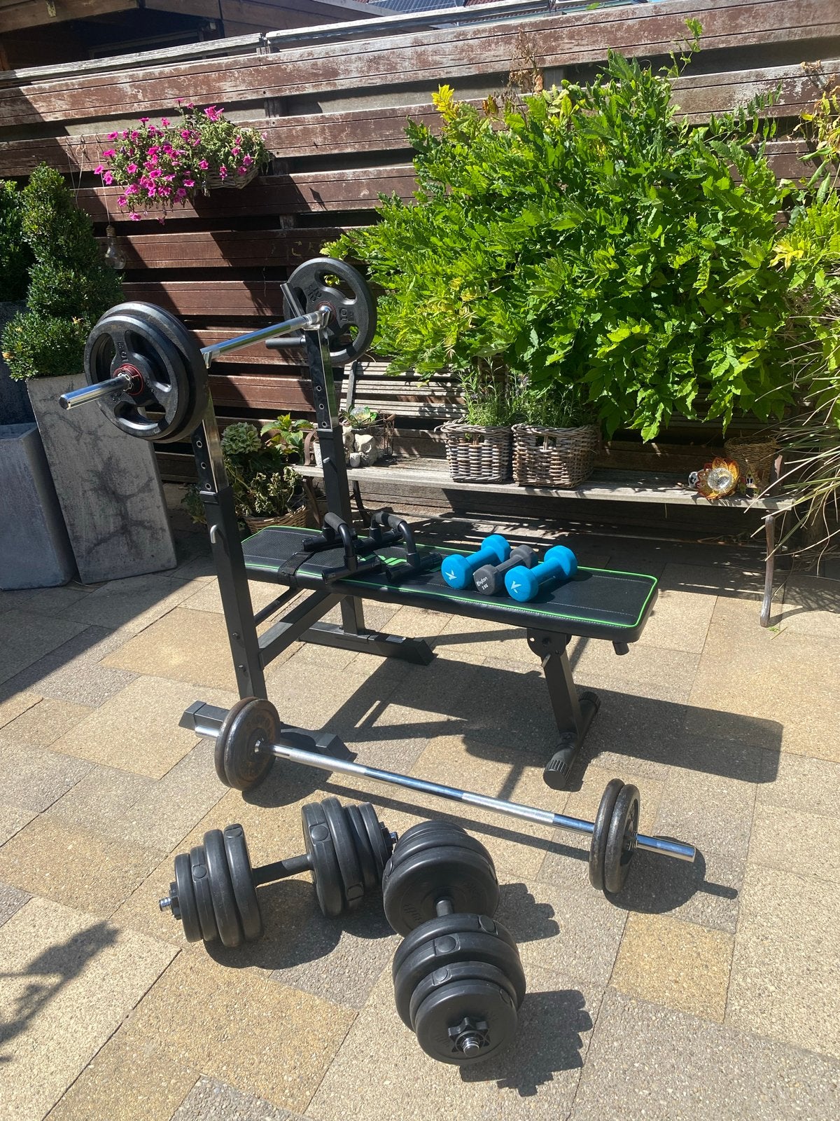 Complete Fitness Set: Bank, Halters en Gewichten, Sport en Fitness, Ophalen, Gebruikt, Armen, Fitnessbank