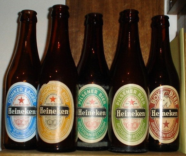 Heineken met 5 verschillende etiketten 30cl., Ophalen of Verzenden, Gebruikt, Flesje(s), Heineken