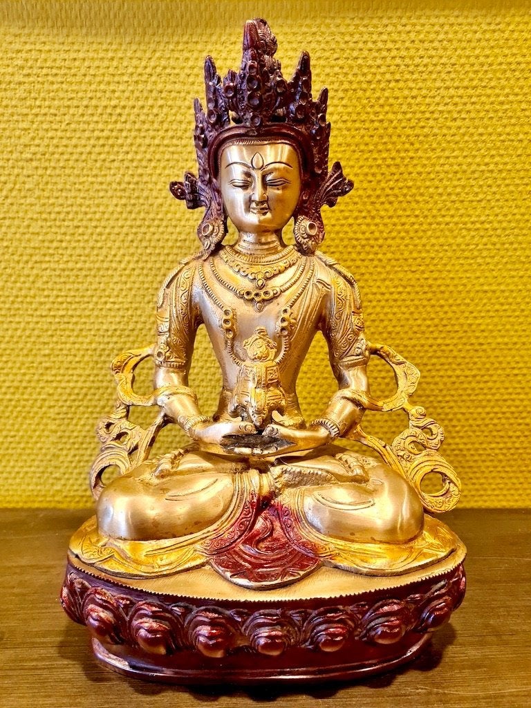 AMITAYUS BOEDDHA BEELD BRONS 32 CM, 32 cm, Nieuw, Ophalen of Verzenden, Gouden accenten