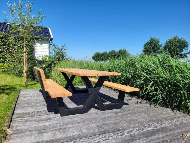 Picknicktafel staal en douglas/lariks hout. X frame Strak, Niet ingevuld, Niet ingevuld, Ophalen of Verzenden, Rechthoekig