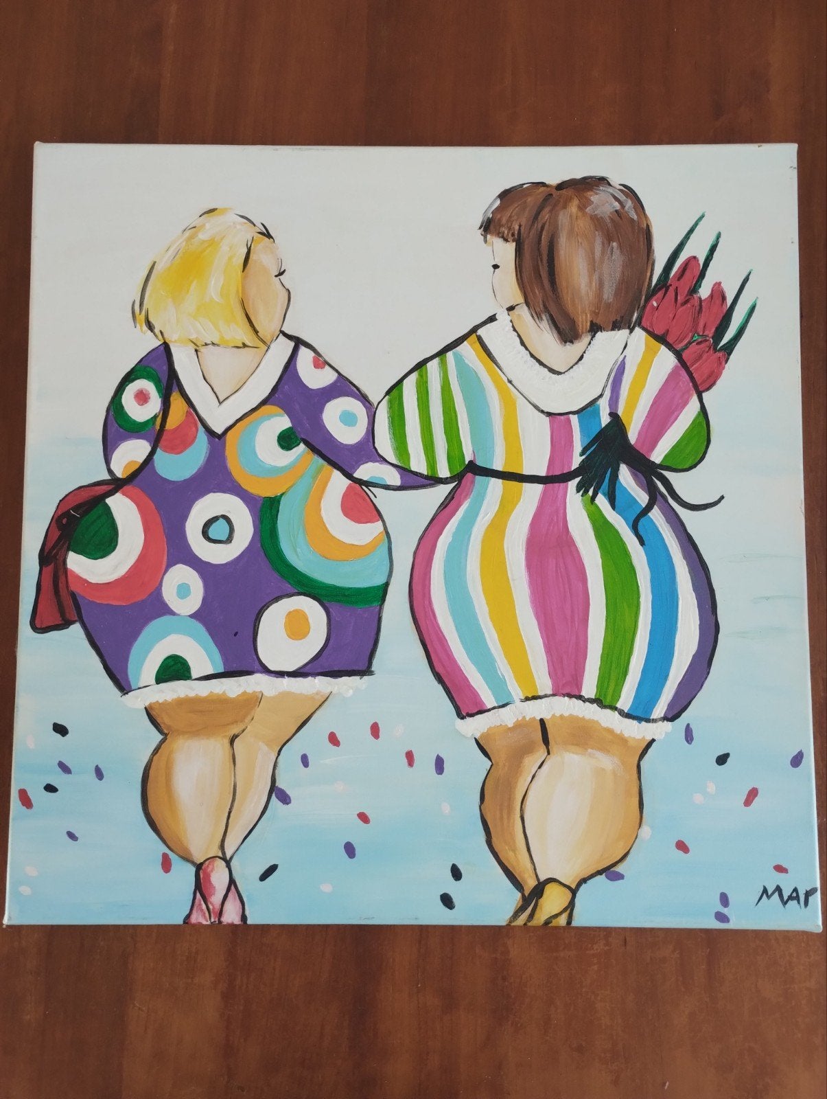 Vrolijk schilderij van twee dames met bloemen, Ophalen of Verzenden, Op houten frame, Textiel, Figuren