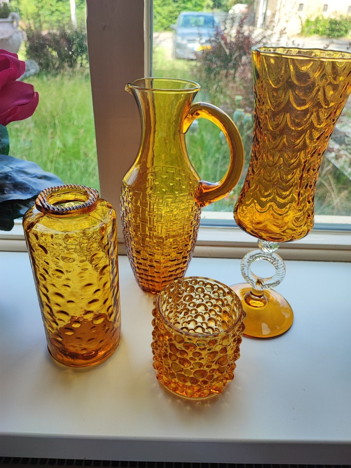 Prachtige Vintage Amber honing goud vintage glas vazen set, Handgemaakt, Ophalen of Verzenden, Goud, Glas