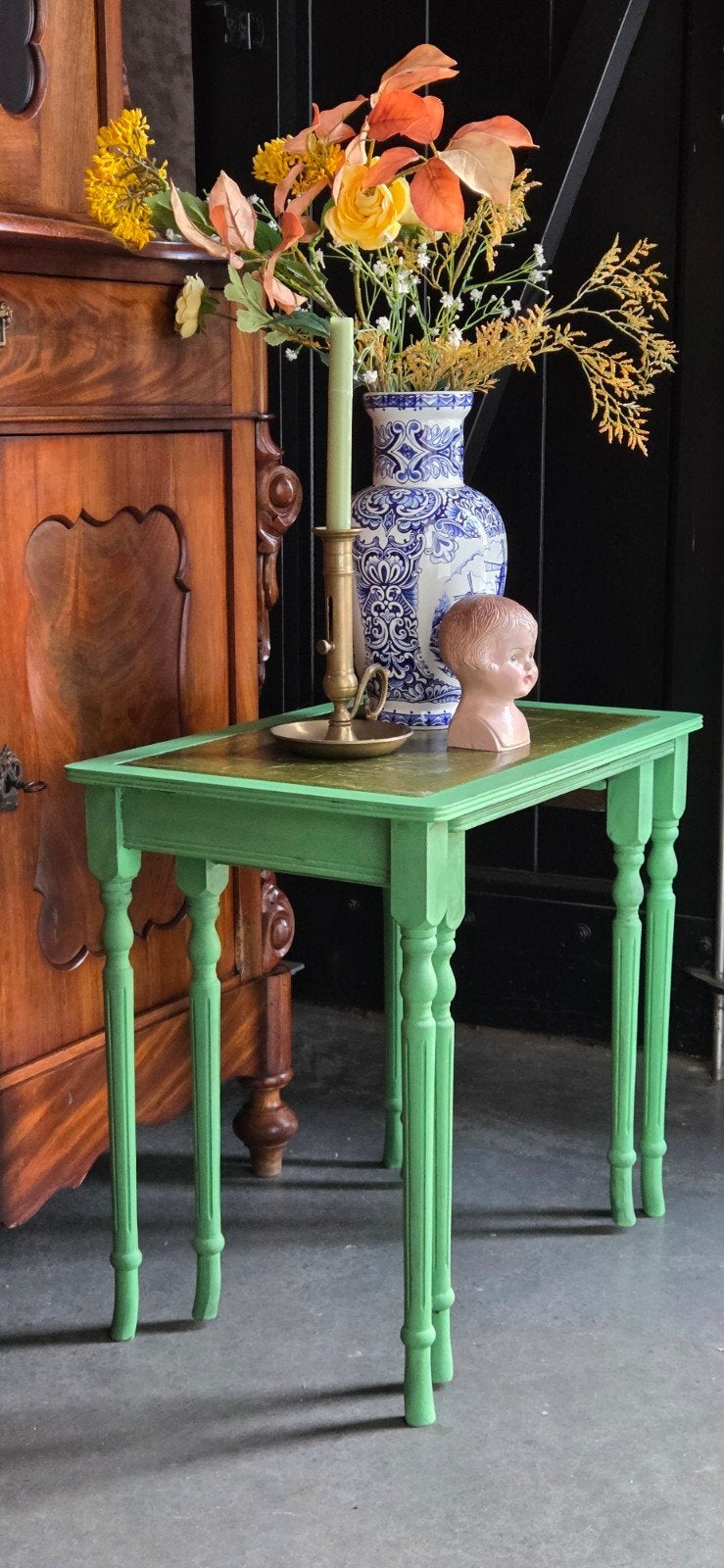 2 brocante antiek groene bijzettafeltjes mimiset !, Ophalen of Verzenden, Gebruikt, Rechthoekig, Minder dan 55 cm