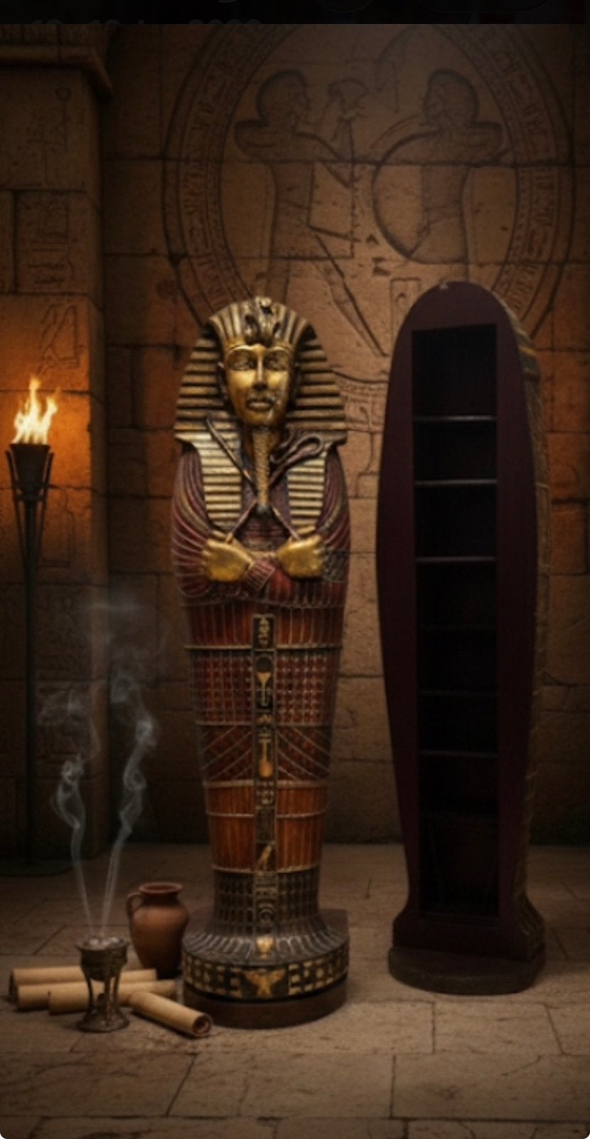 Egyptische Sarcofaag-kasten (190 cm)  Handwerk -Mahoniehout, Antiek en Kunst, Ophalen