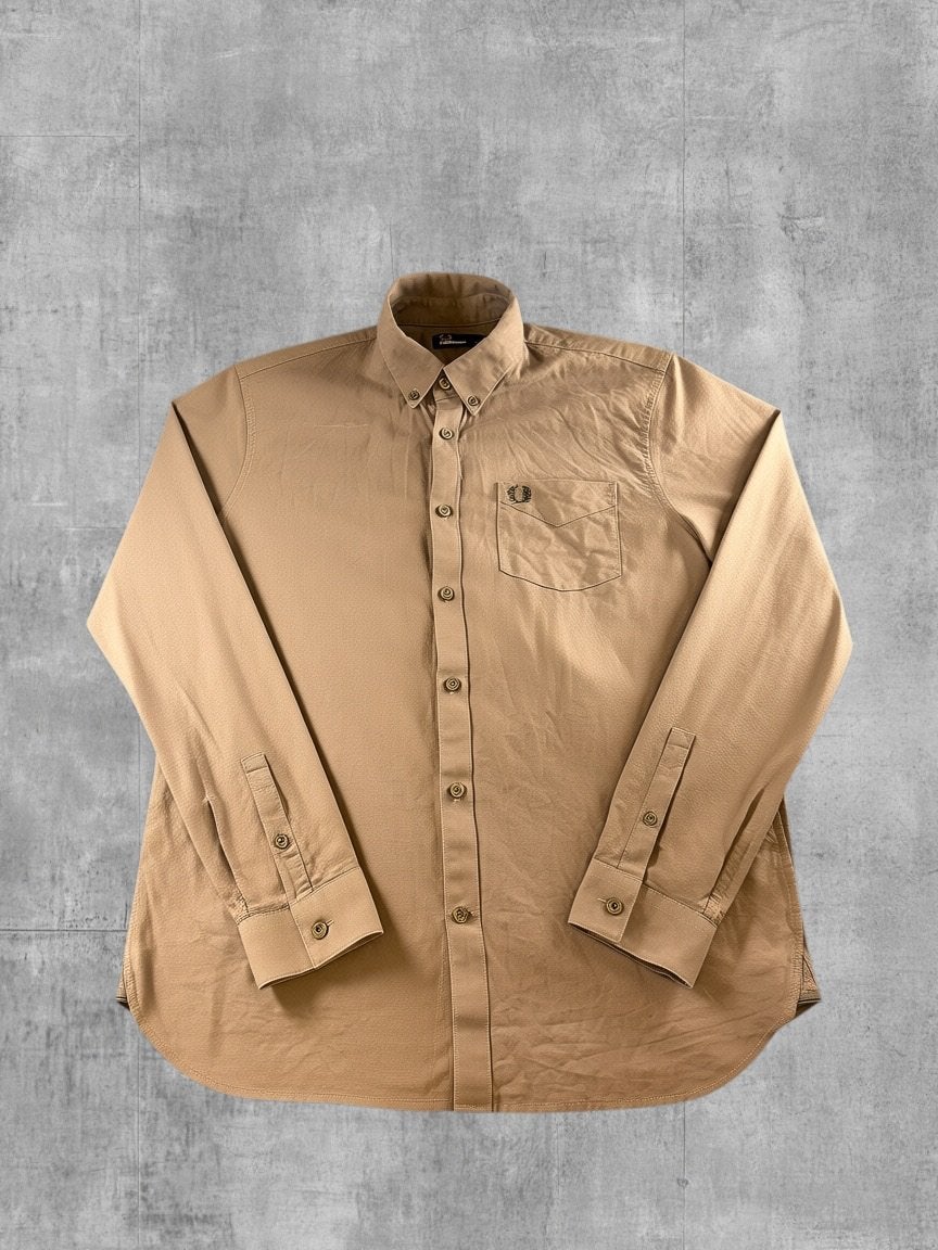Fred Perry blouse bruin heren maat L overhemd shirt effen, Verzenden, Zo goed als nieuw, Bruin, Halswijdte 41/42 (L)