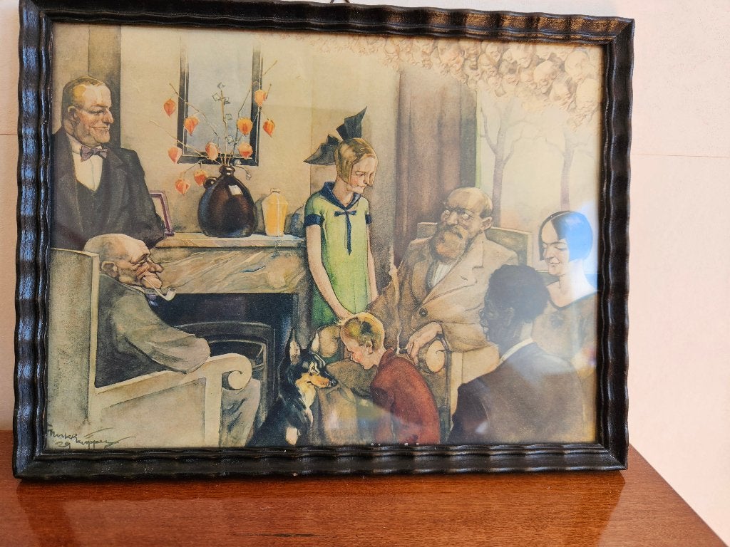 Antieke litho van de Familie Mulder hoorspel vd Vara 1929, Ingelijst, Ophalen, Portret en Figuren