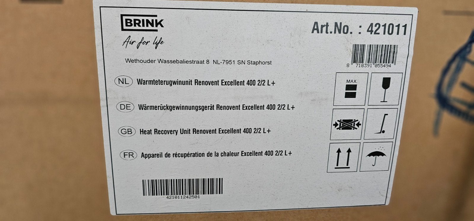 Nieuwe Brink Renovent Excellent 400 WTW Unit 2B-2O Links +, Ophalen, Nieuw