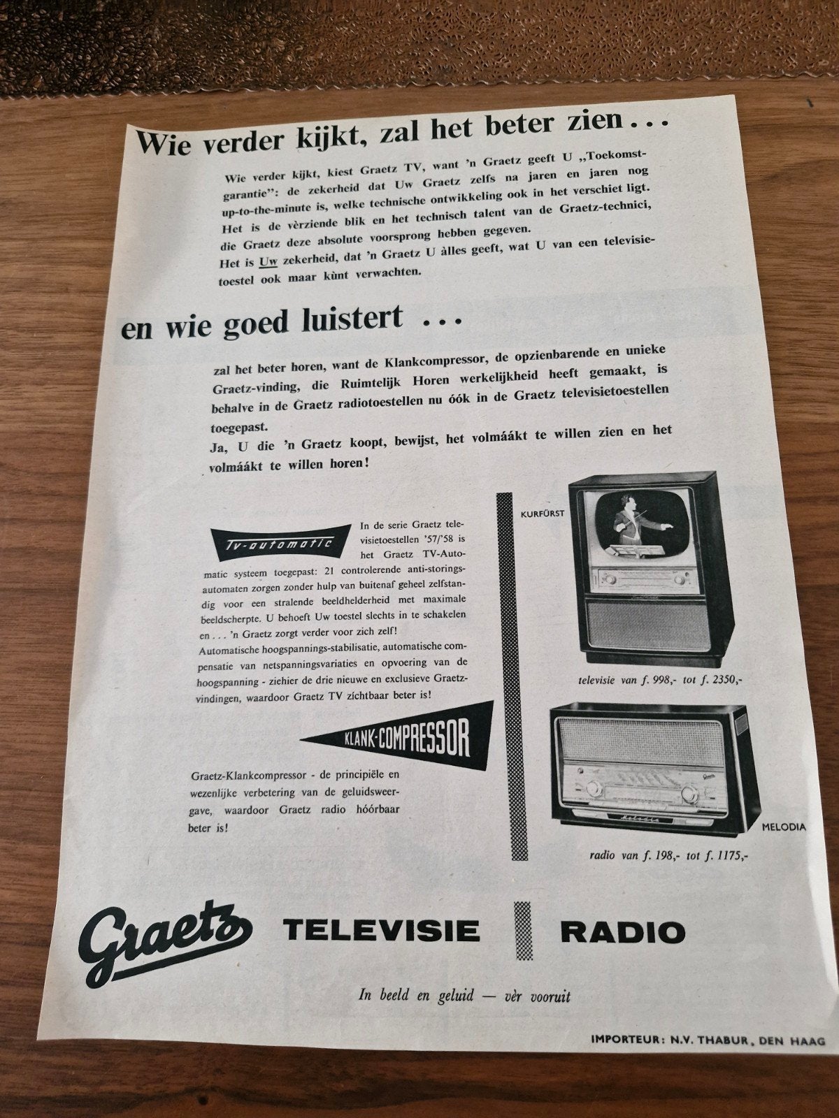 Graetz Televisie en Radio - Vintage Advertentie, Ophalen of Verzenden, Tijdschrift