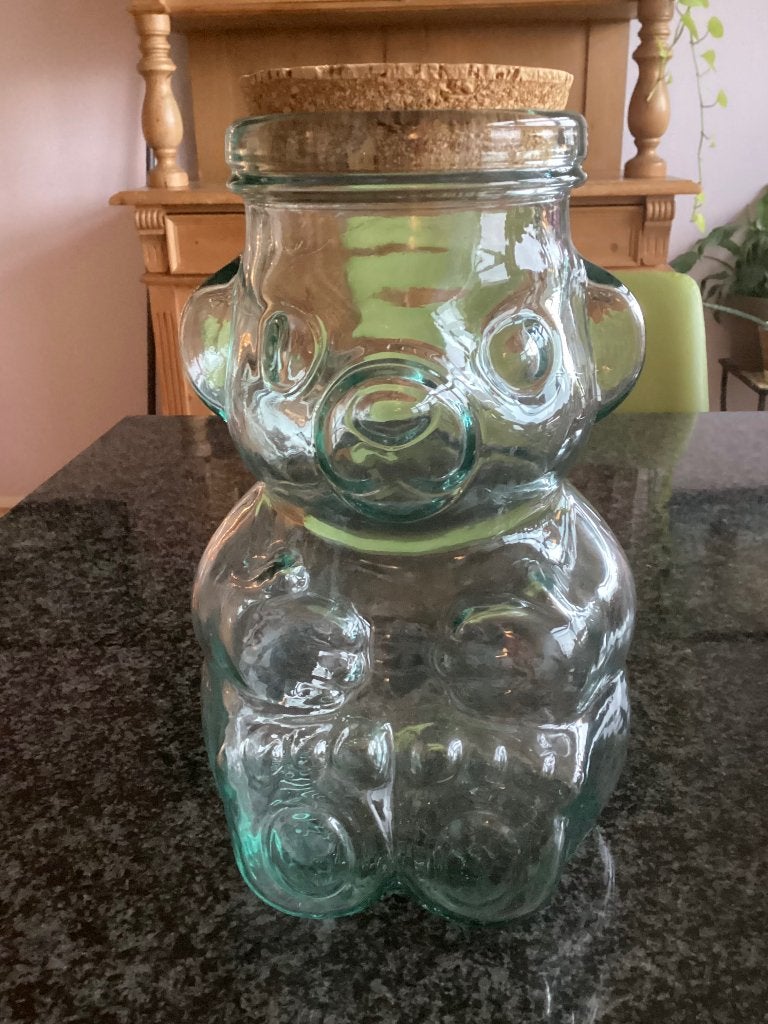 Voorraadpot, glas, kurk, beer, 23,5 cm, vintage, Antiek en Kunst, Ophalen