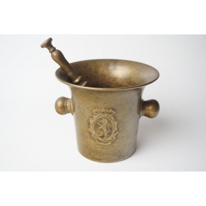 # Antiek bronzen knoppen vijzel + stamper leeuwen, Ophalen of Verzenden, Brons