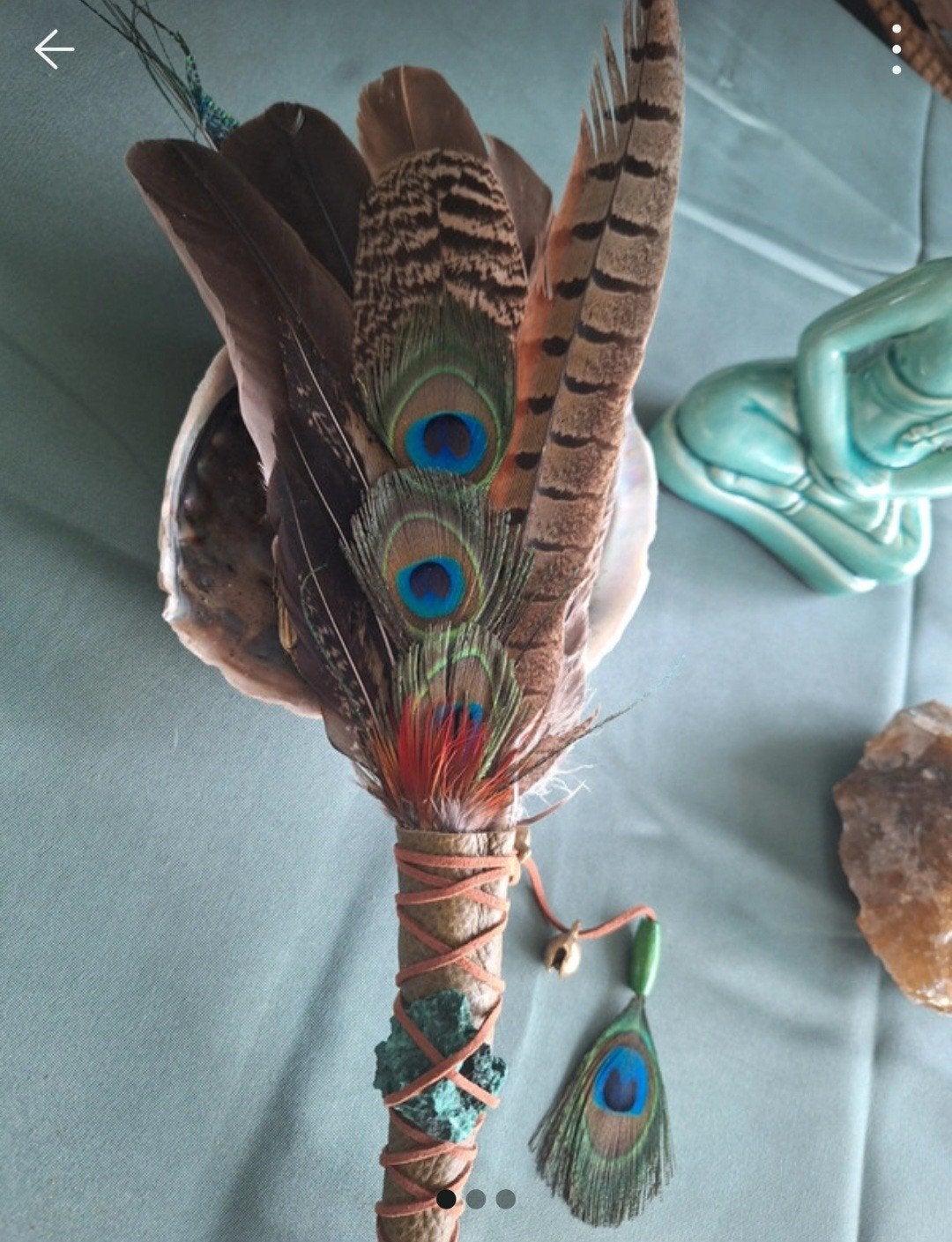 Smudge waaier/ feather fan met mooie ruwe malachiet, Ophalen of Verzenden