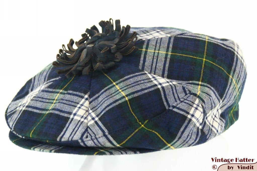 Vintage Paperboy pet Roland blauw groen geruit met pompon 56, 56 of 57 cm (M, 7 of 7⅛ inch), Ophalen of Verzenden, Pet, Gedragen