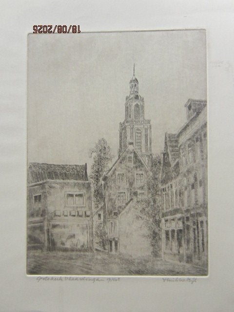 Grotekerk Vlaardingen, Losse ets. Huib W.Bijl, Antiek en Kunst, Kunst | Etsen en Gravures, Ophalen, Ets