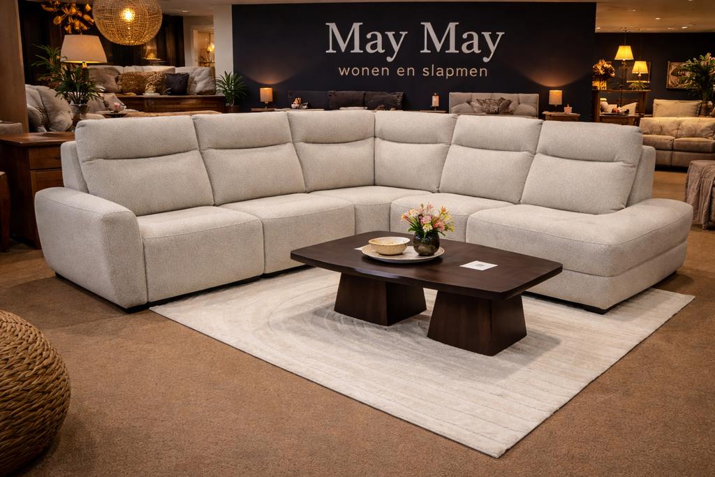 Hoekbank met elektrische relaxfunctie Beige Direct leverbaar, 250 tot 300 cm, Hoekbank, Nieuw, Ophalen of Verzenden