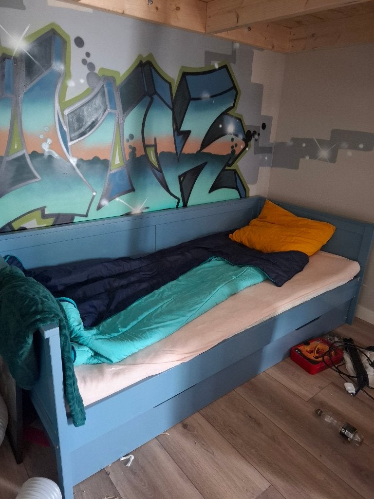 Bed eenpersoons blauw, Ophalen, Gebruikt, 90 cm, Eenpersoons