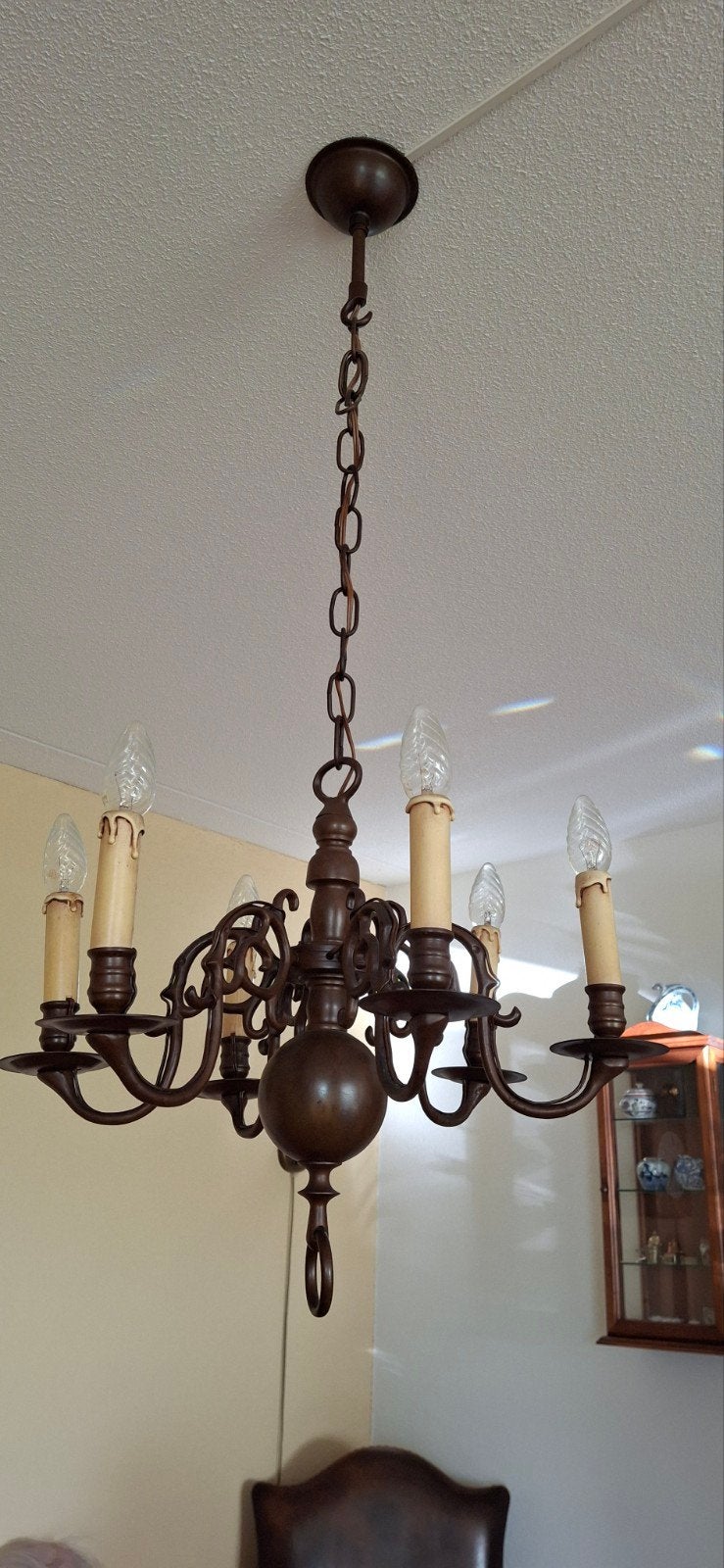 Antieke bronzen kroonluchter met 5 armen, Antiek en Kunst, Ophalen