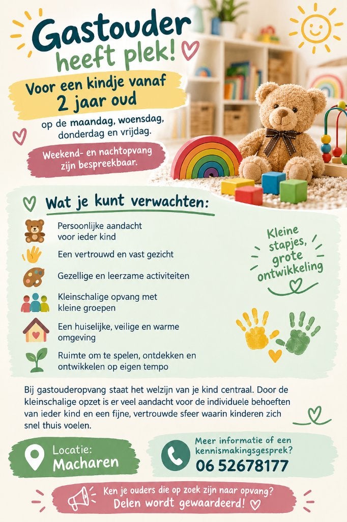 Gastouder heeft plek vrij, Ophalen of Verzenden, Nieuw