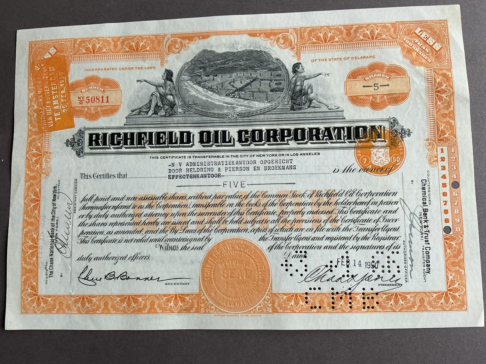 Richfield Oil Corporation Aandeel - 1950, Verzenden, 1950 tot 1970, Aandeel