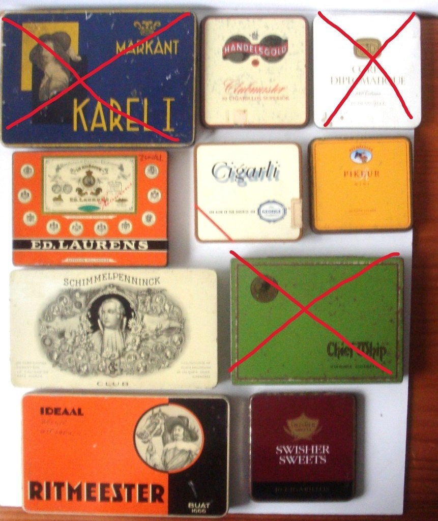 7 blikken voor sigaren of sigaretten: Ed. Laurens, Duc Georg, Verzamelen, Ophalen of Verzenden, Zo goed als nieuw, Tabaksdoos of Verpakking