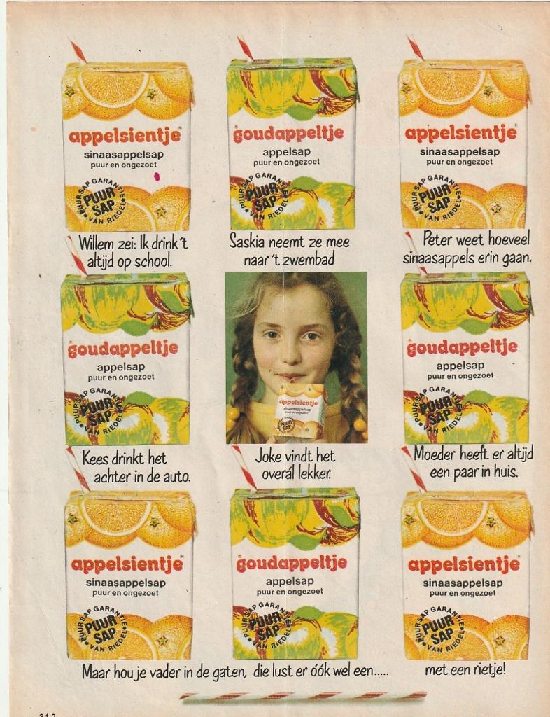 Retro reclame 1977 Riedel Goudappeltje voor Joke Kees Saskia, Verzamelen, Retro, Verzenden, Overige typen